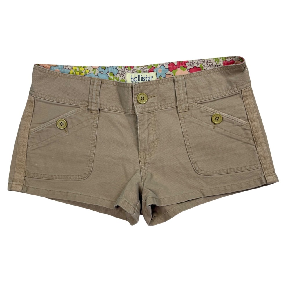 VTG HollisterLow Rise Floral Waistband Tan Micro Mini Shorts Logo Sz 5 Y2K